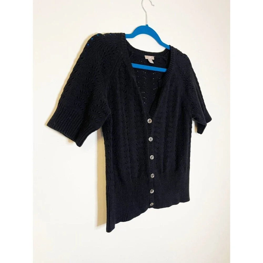 J. Jill Black Knit Cardigan Top Petite Medium Button Front Short Sleeve Sweater - Picture 6 of 8